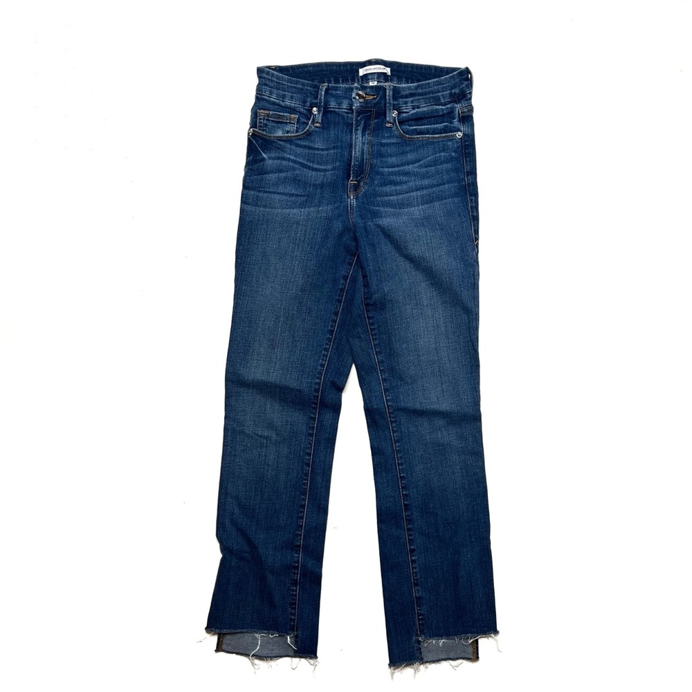 Good American Straight Jeans 27 Dark Wash Step Hem Raw Hem Ankle Size 4